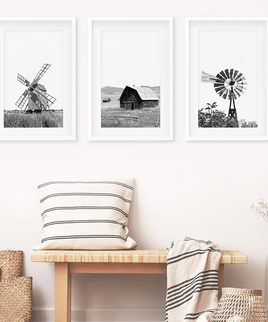 Black White Set of 3 Farm Style Prints. Windmill, Barn, Vane