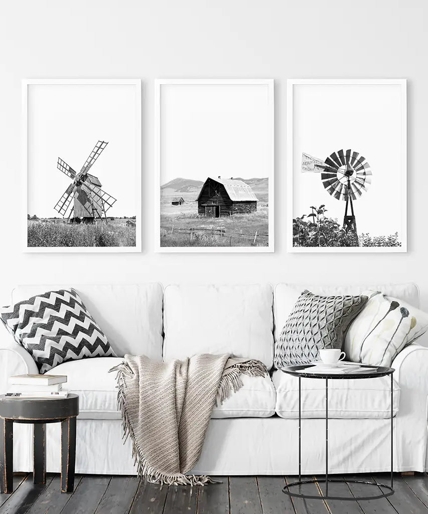 Black White Set of 3 Farm Style Prints. Windmill, Barn, Vane