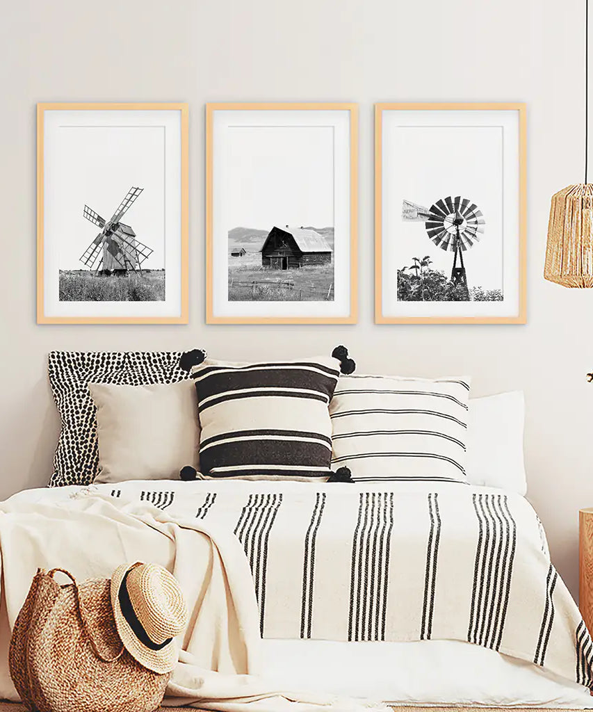 Black White Set of 3 Farm Style Prints. Windmill, Barn, Vane