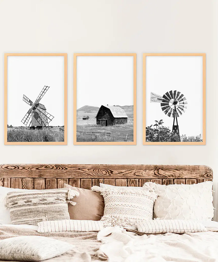 Black White Set of 3 Farm Style Prints. Windmill, Barn, Vane