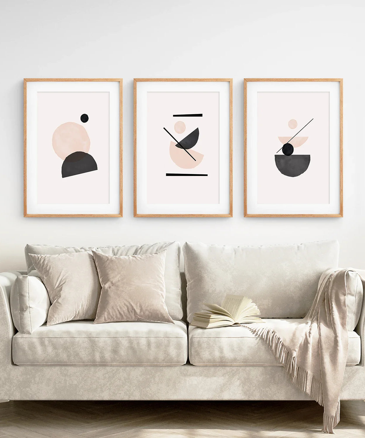 3-teiliges abstraktes Wandbild, Mid-Century-Stil. Beige und Schwarz