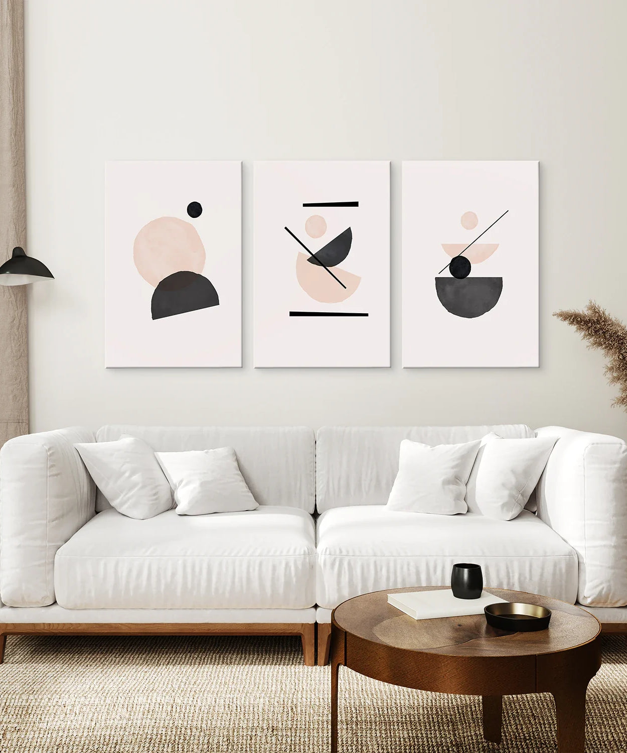 3-teiliges abstraktes Wandbild, Mid-Century-Stil. Beige und Schwarz