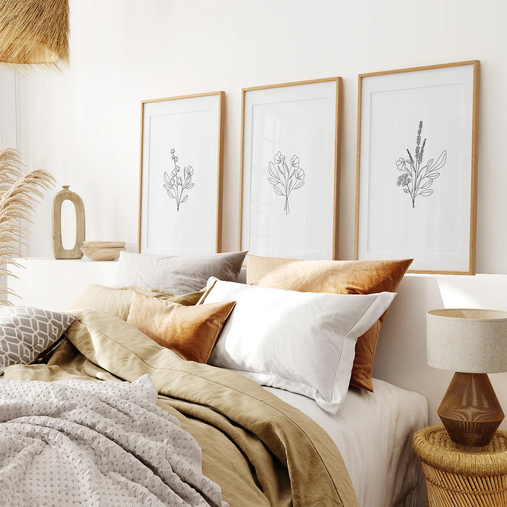Flower Line Art Set of 3 Prints - Botanical Wall Décor