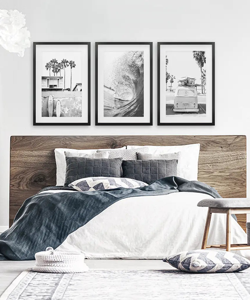 Black White California Surfing Prints. Van, Ocean Wave, Surfboards