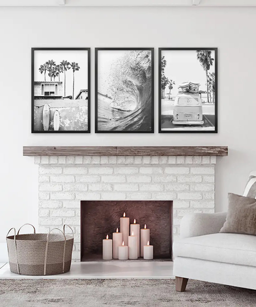 Black White California Surfing Prints. Van, Ocean Wave, Surfboards