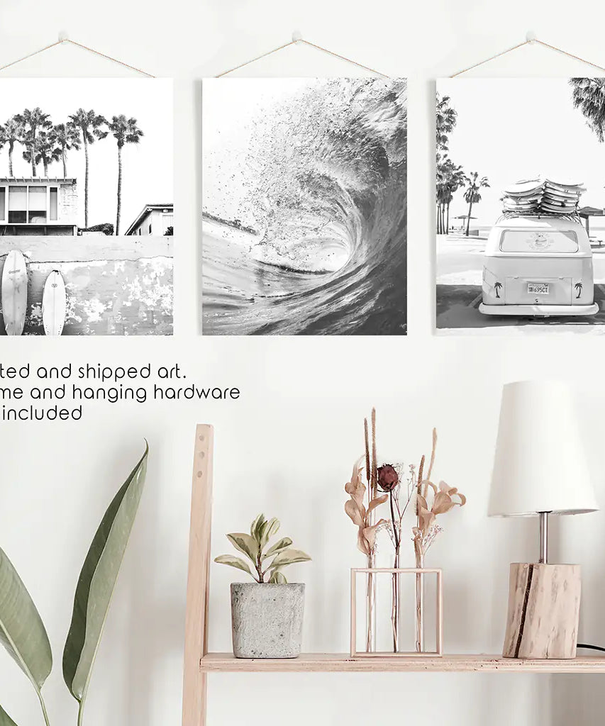 Black White California Surfing Prints. Van, Ocean Wave, Surfboards