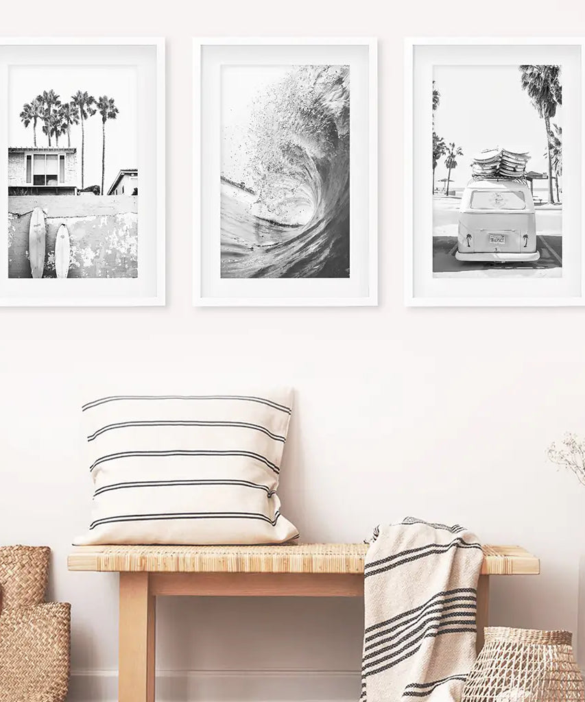 Black White California Surfing Prints. Van, Ocean Wave, Surfboards