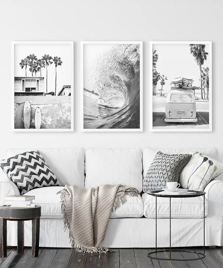 Black White California Surfing Prints. Van, Ocean Wave, Surfboards