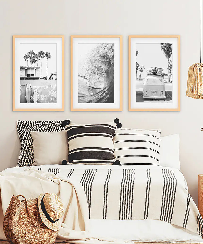 Black White California Surfing Prints. Van, Ocean Wave, Surfboards
