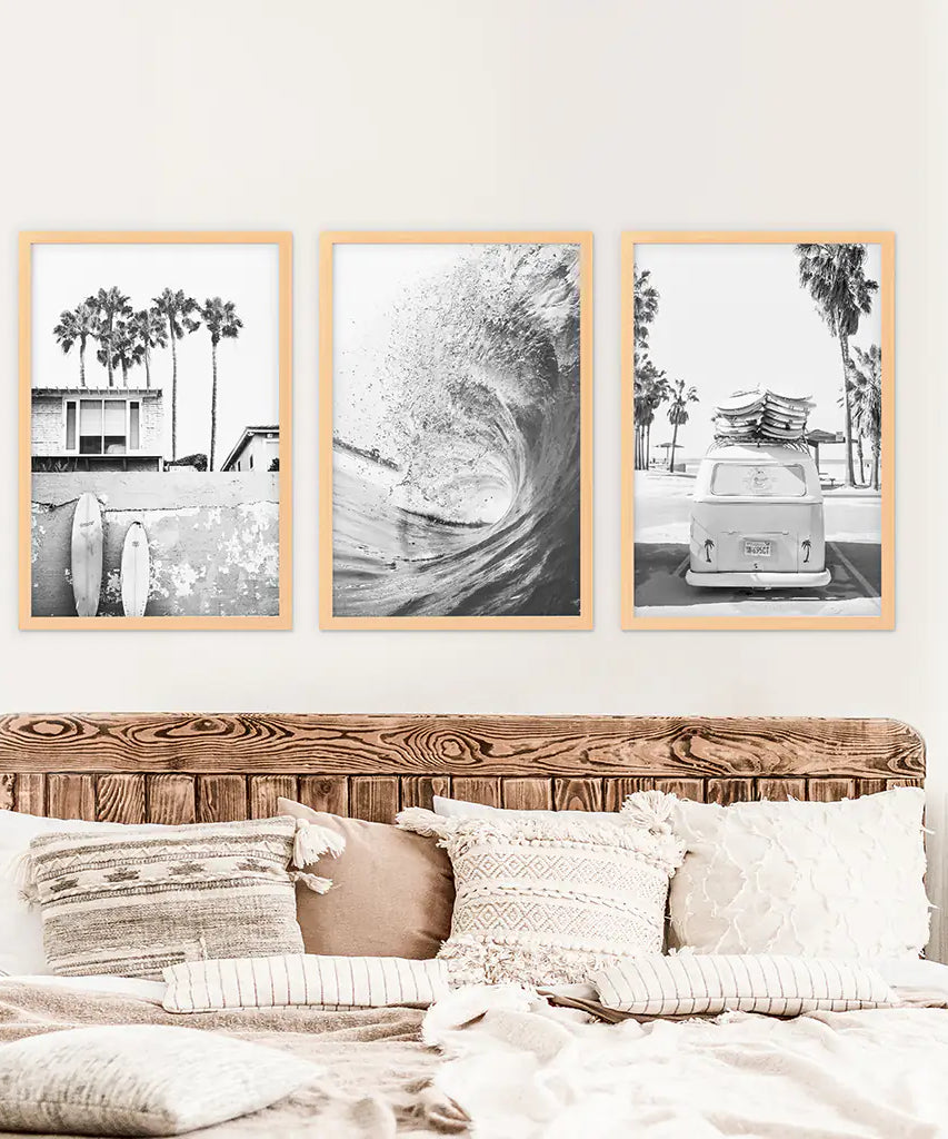 Black White California Surfing Prints. Van, Ocean Wave, Surfboards
