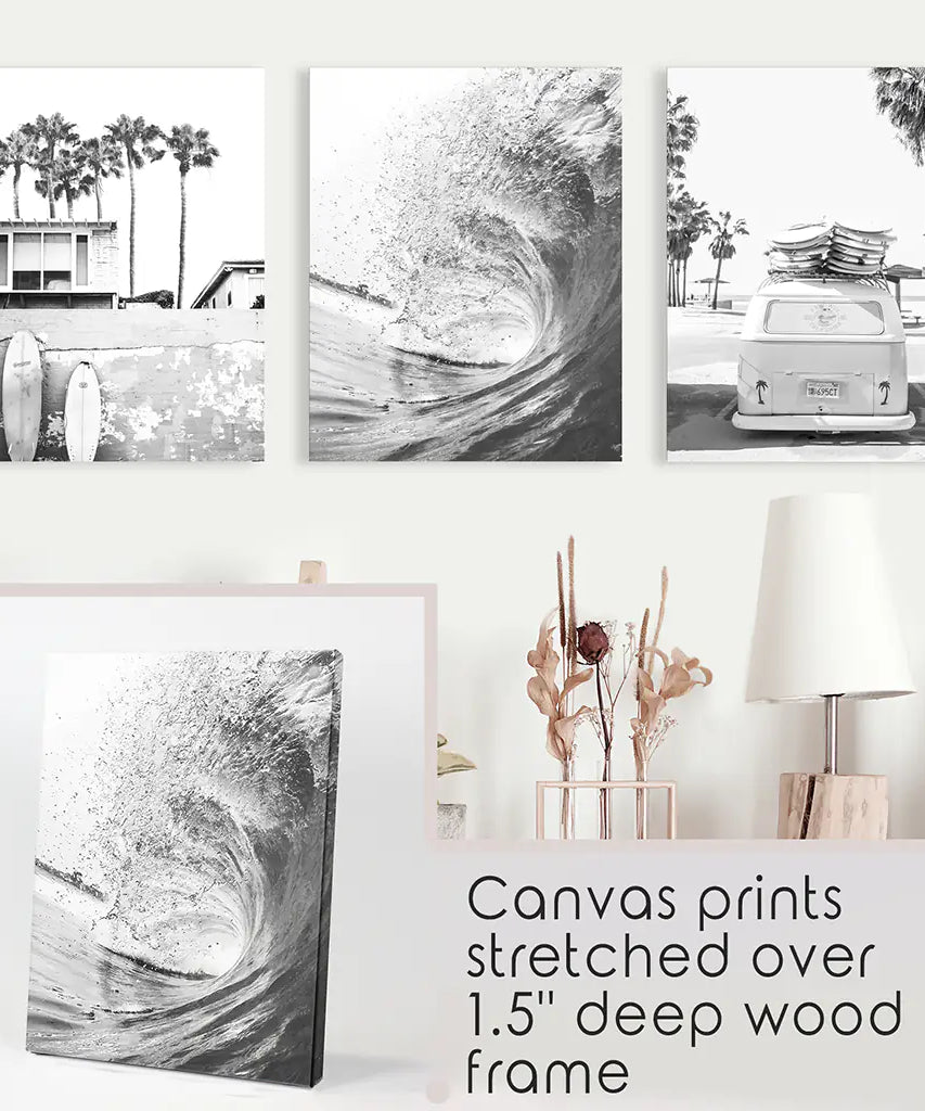 Black White California Surfing Prints. Van, Ocean Wave, Surfboards