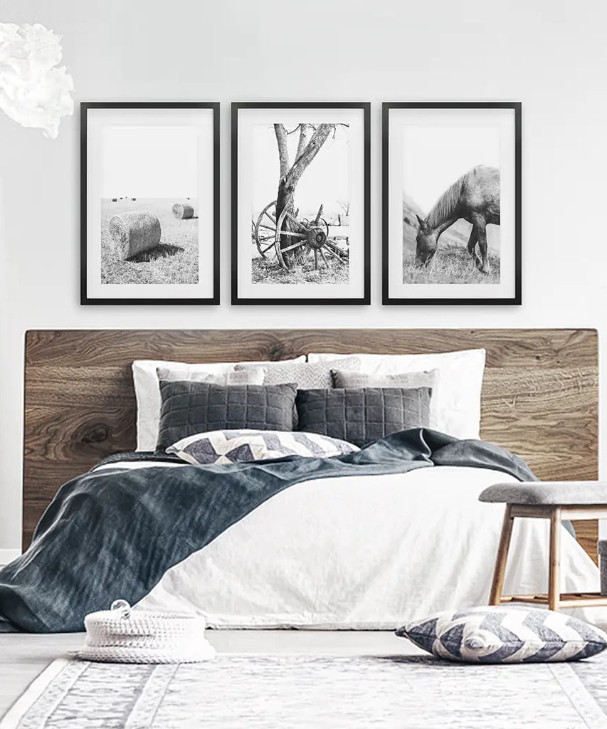 Black White Farm House Wall Décor. Horse, Hay Bales