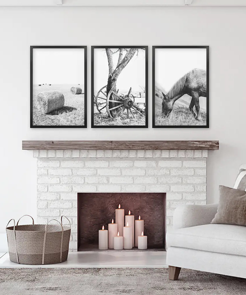 Black White Farm House Wall Décor. Horse, Hay Bales