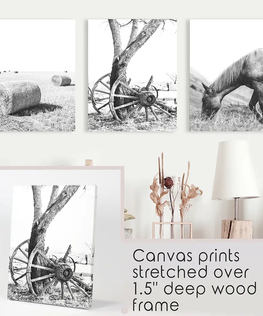 Black White Farm House Wall Décor. Horse, Hay Bales