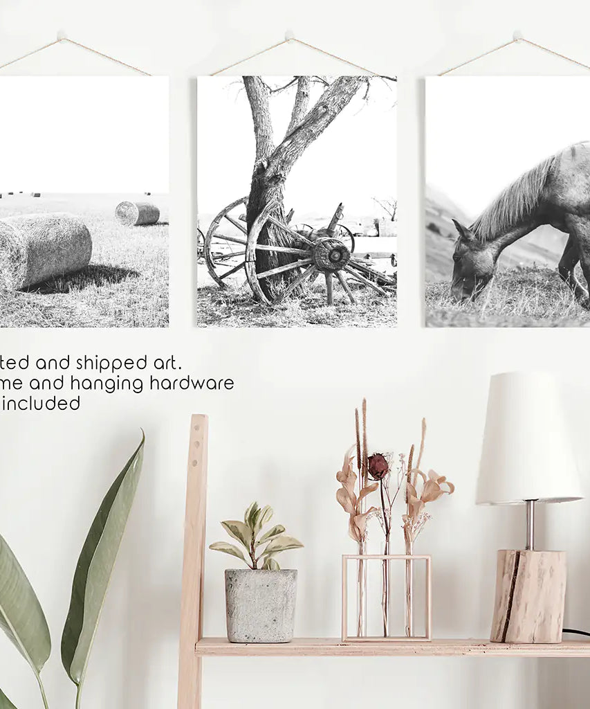 Black White Farm House Wall Décor. Horse, Hay Bales