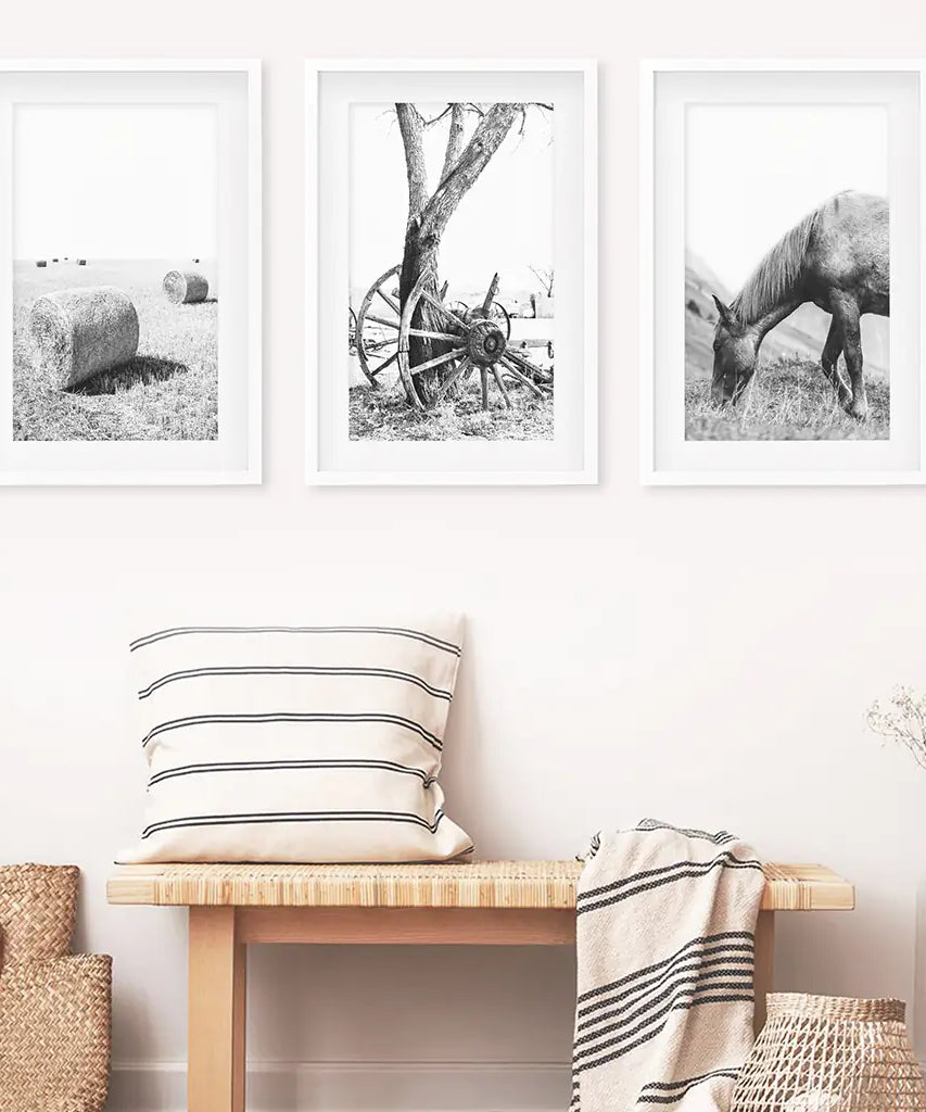Black White Farm House Wall Décor. Horse, Hay Bales