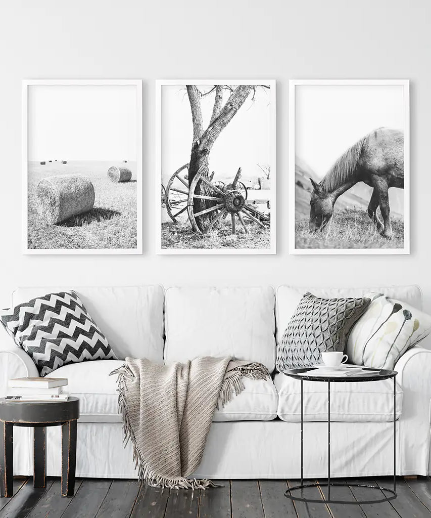 Black White Farm House Wall Décor. Horse, Hay Bales