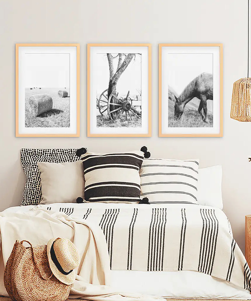 Black White Farm House Wall Décor. Horse, Hay Bales