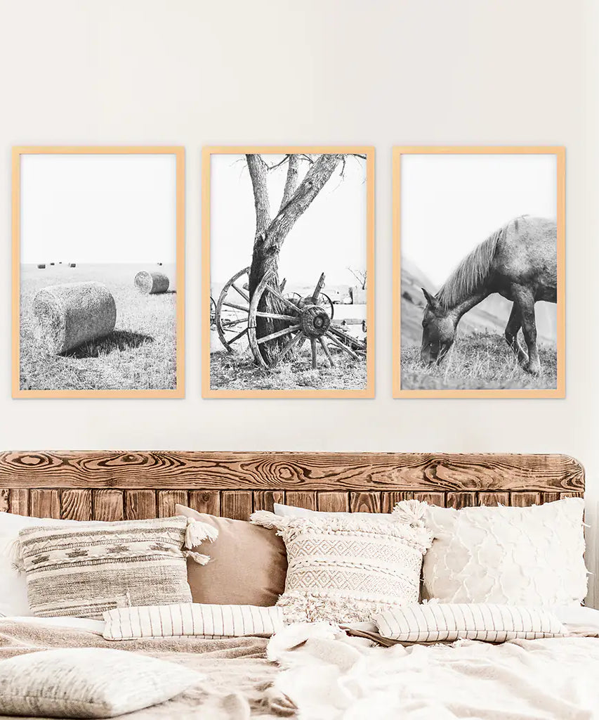 Black White Farm House Wall Décor. Horse, Hay Bales
