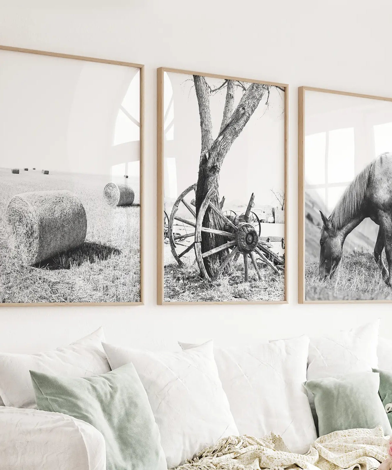 Black White Farm House Wall Décor. Horse, Hay Bales