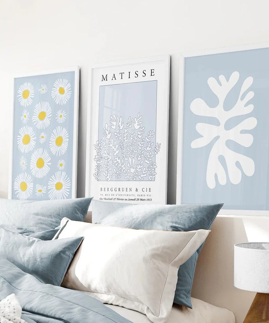 Abstrakter Matisse-Kunstdruck, 3er-Set. Blaue florale Wandkunst
