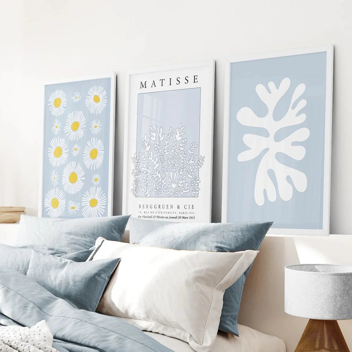 Abstrakter Matisse-Kunstdruck, 3er-Set. Blaue florale Wandkunst