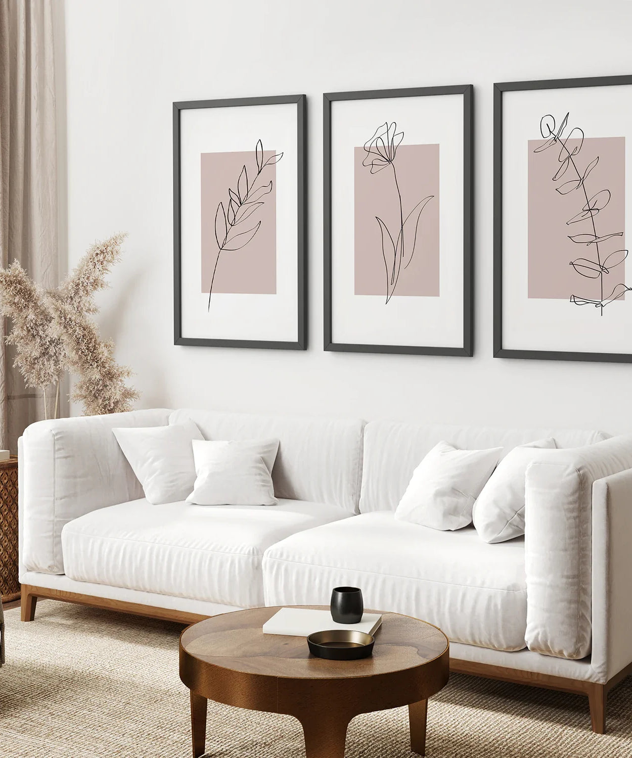 Set aus 3 botanischen Line-Art-Drucken in Rouge-Pink