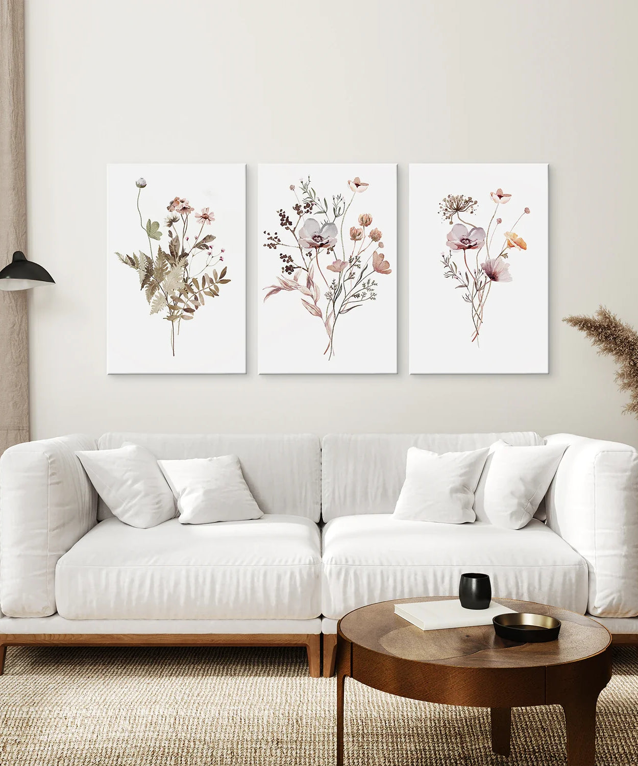 Set aus 3 Postern mit beigefarbenen und lila Wildblumen