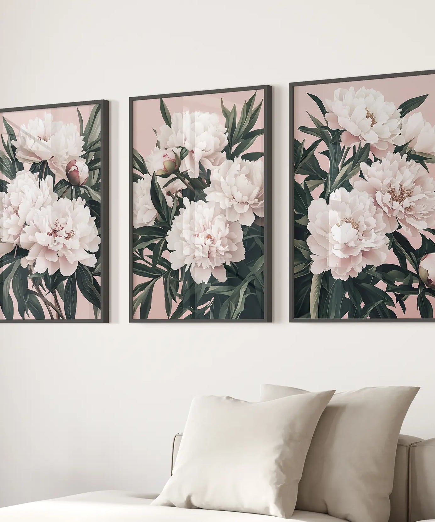 Pfingstrosen Blumen Wandkunst 3er Set. Rosa und Grüne Dekoration