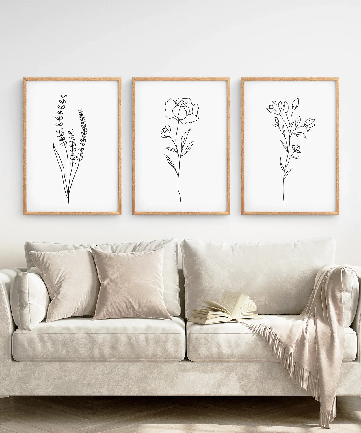 Minimalistische Schwarz-Weiß Botanische Linienkunst. Set aus 3 Drucken