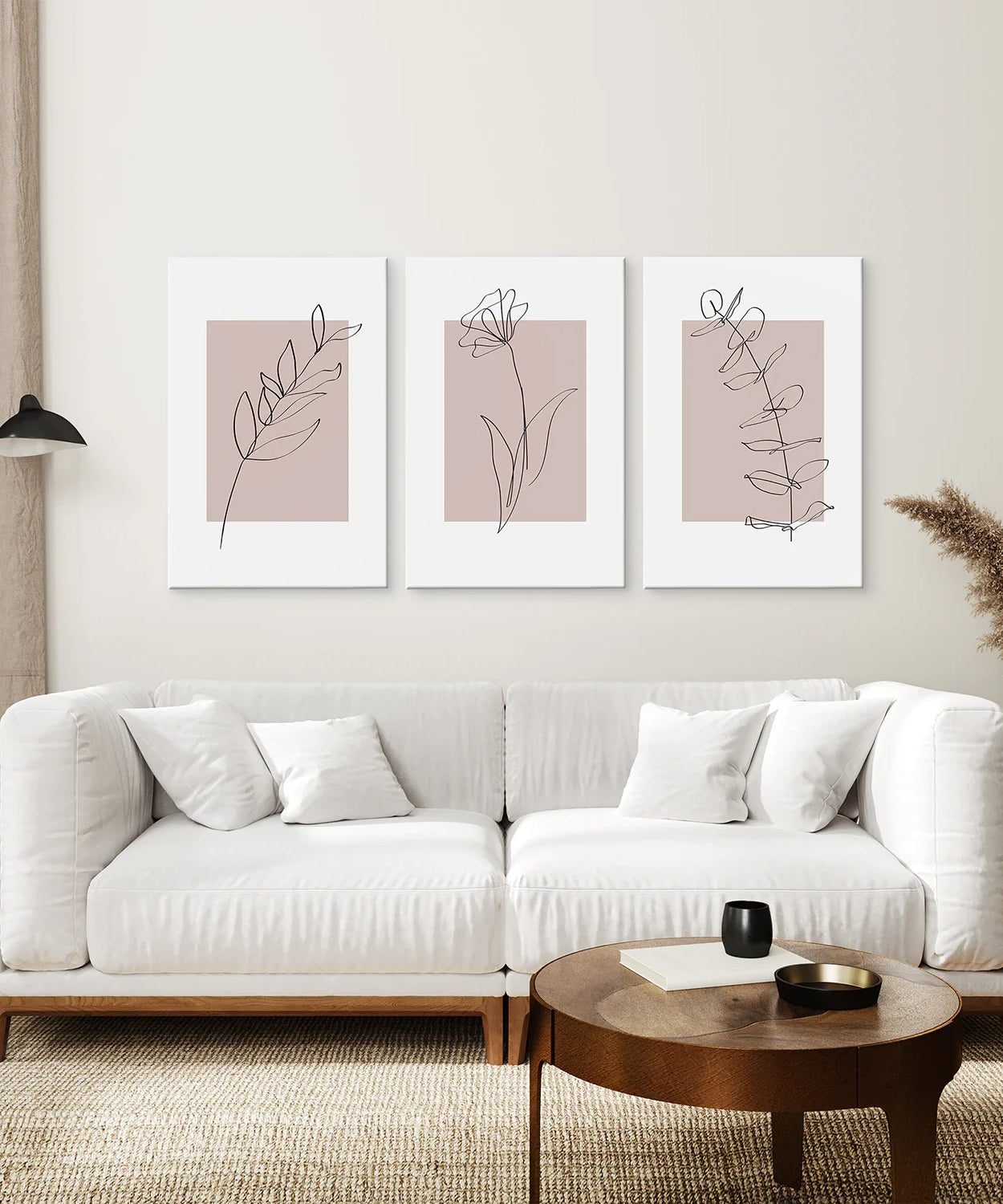 Set aus 3 botanischen Line-Art-Drucken in Rouge-Pink
