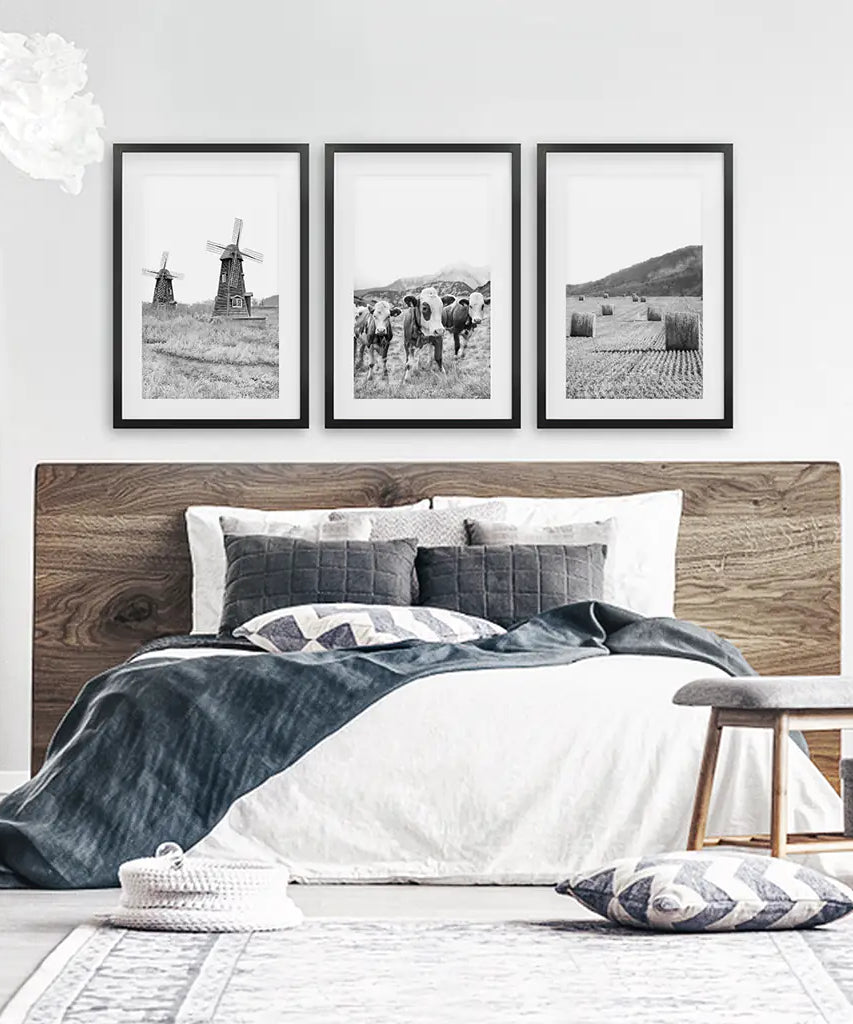 Farmhouse Black White Wall Art. Windmill, 3 Cows, Hay Bales