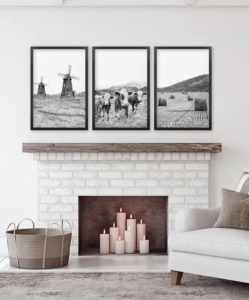 Farmhouse Black White Wall Art. Windmill, 3 Cows, Hay Bales