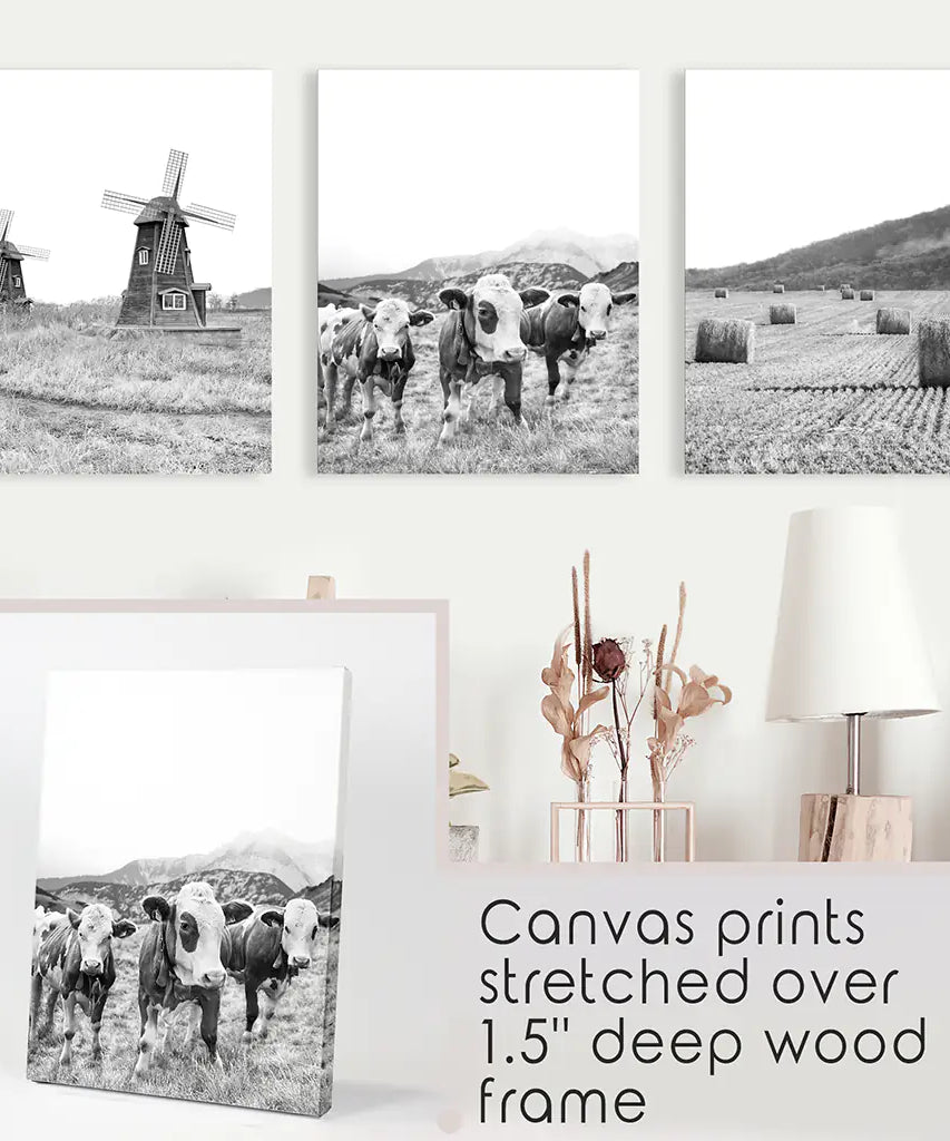 Farmhouse Black White Wall Art. Windmill, 3 Cows, Hay Bales