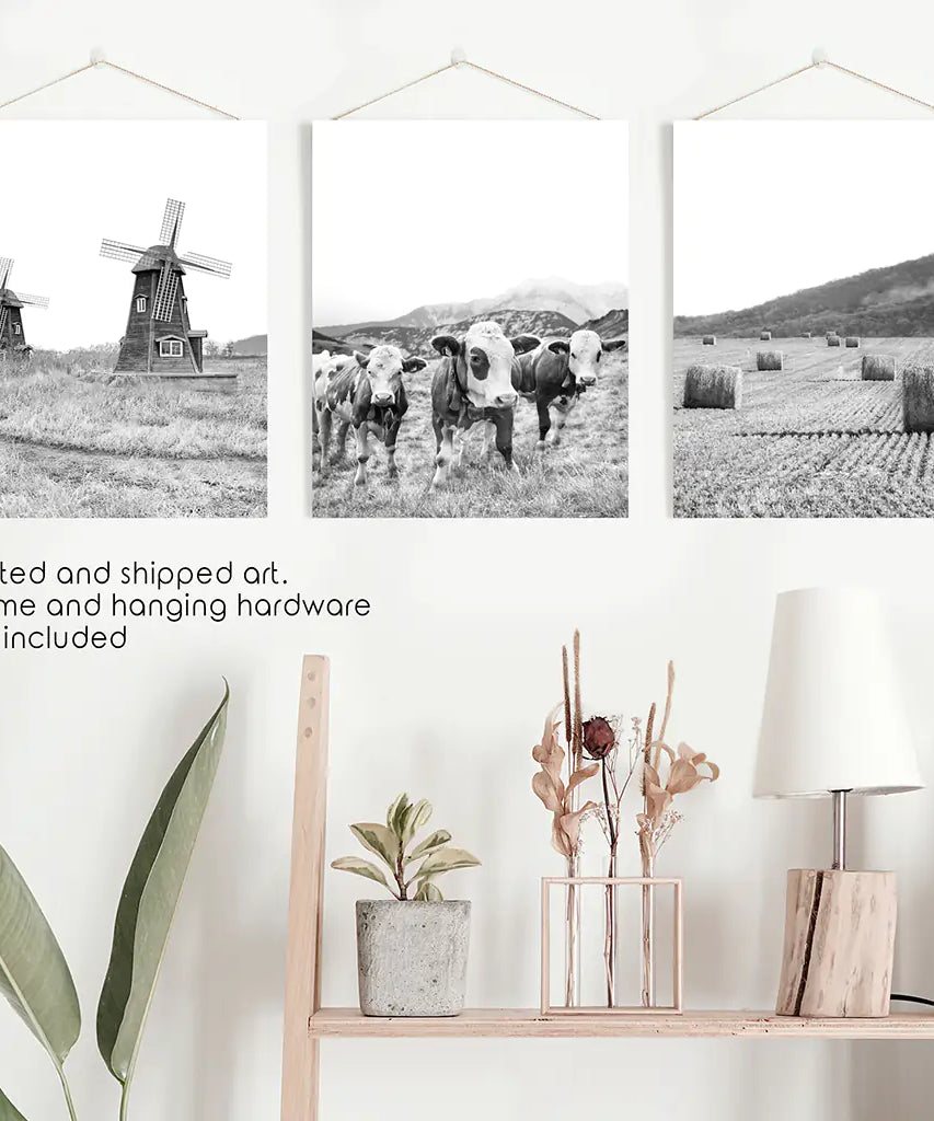 Farmhouse Black White Wall Art. Windmill, 3 Cows, Hay Bales