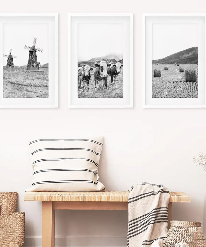 Farmhouse Black White Wall Art. Windmill, 3 Cows, Hay Bales