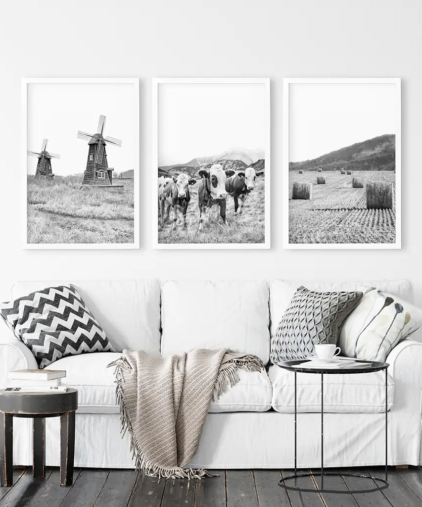 Farmhouse Black White Wall Art. Windmill, 3 Cows, Hay Bales