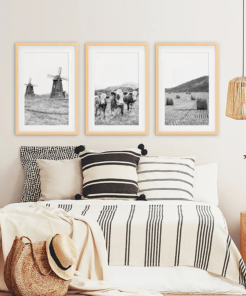 Farmhouse Black White Wall Art. Windmill, 3 Cows, Hay Bales