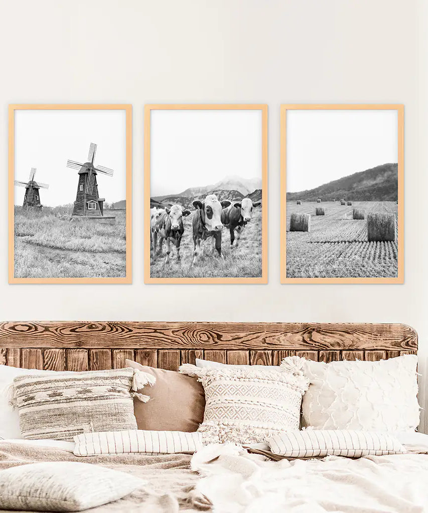 Farmhouse Black White Wall Art. Windmill, 3 Cows, Hay Bales