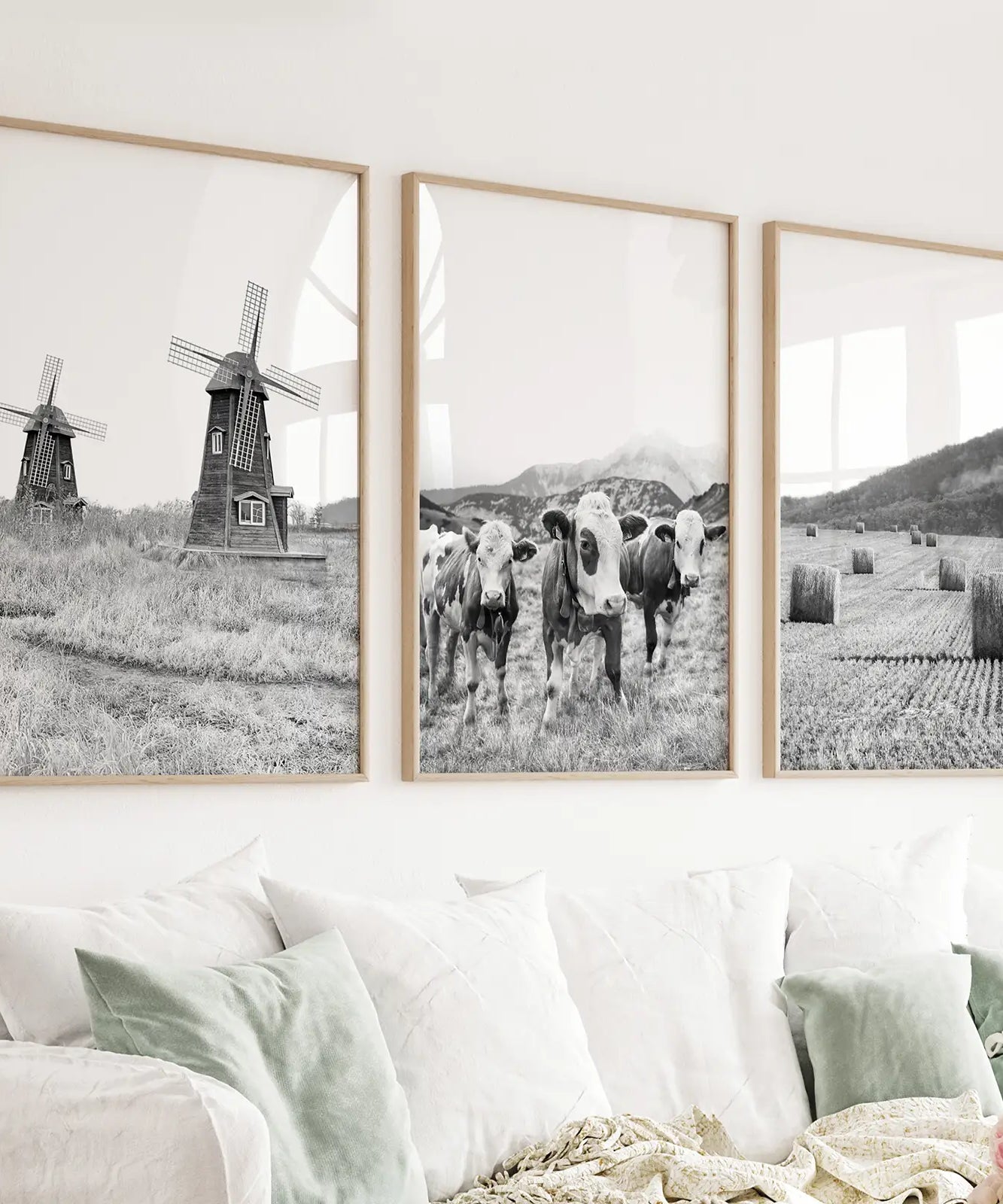 Farmhouse Black White Wall Art. Windmill, 3 Cows, Hay Bales