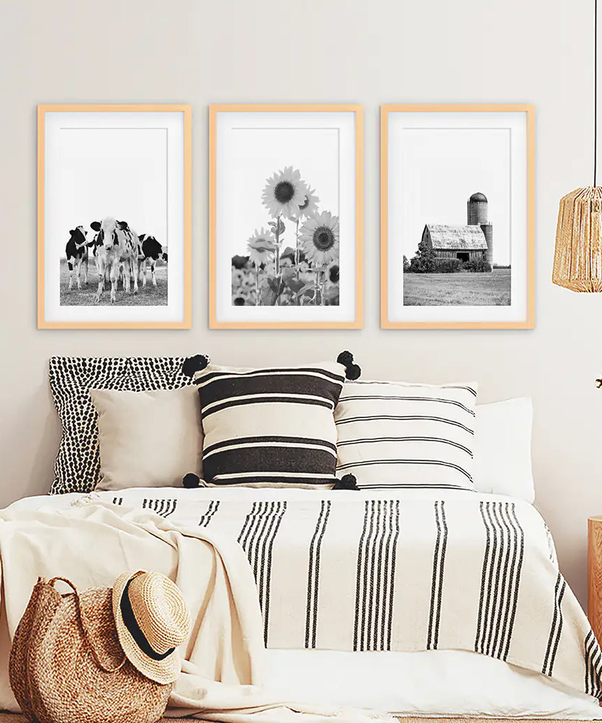 Rustic Black White Wall Art Set. Cows, Sunflowers, Old Barn