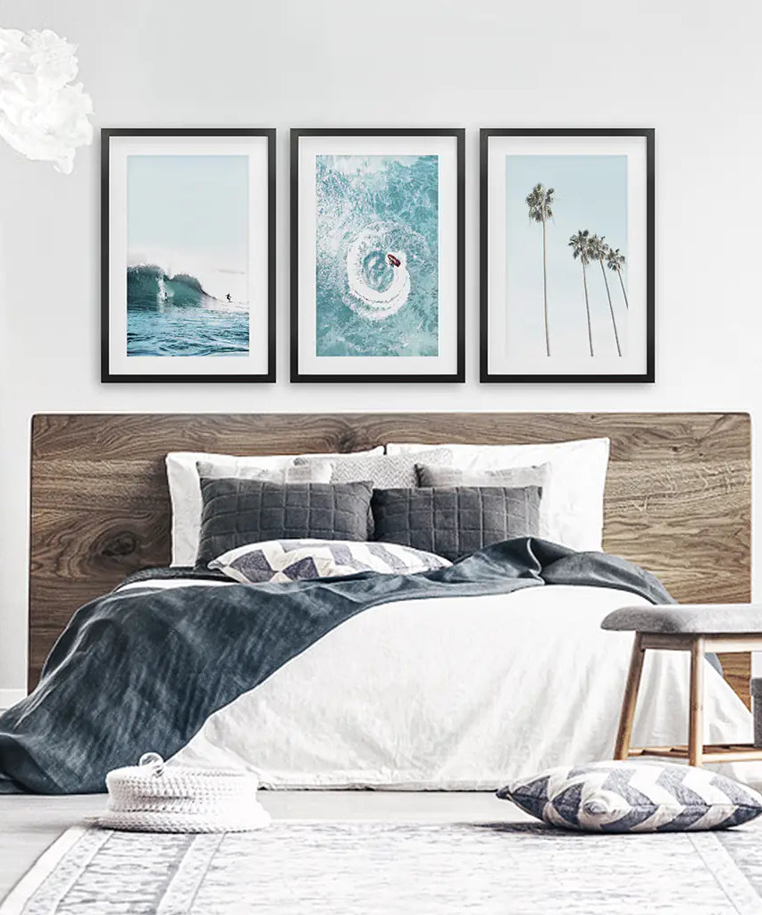 Blue Ocean Themed 3 Piece Wall Art. Palm Trees, Waves