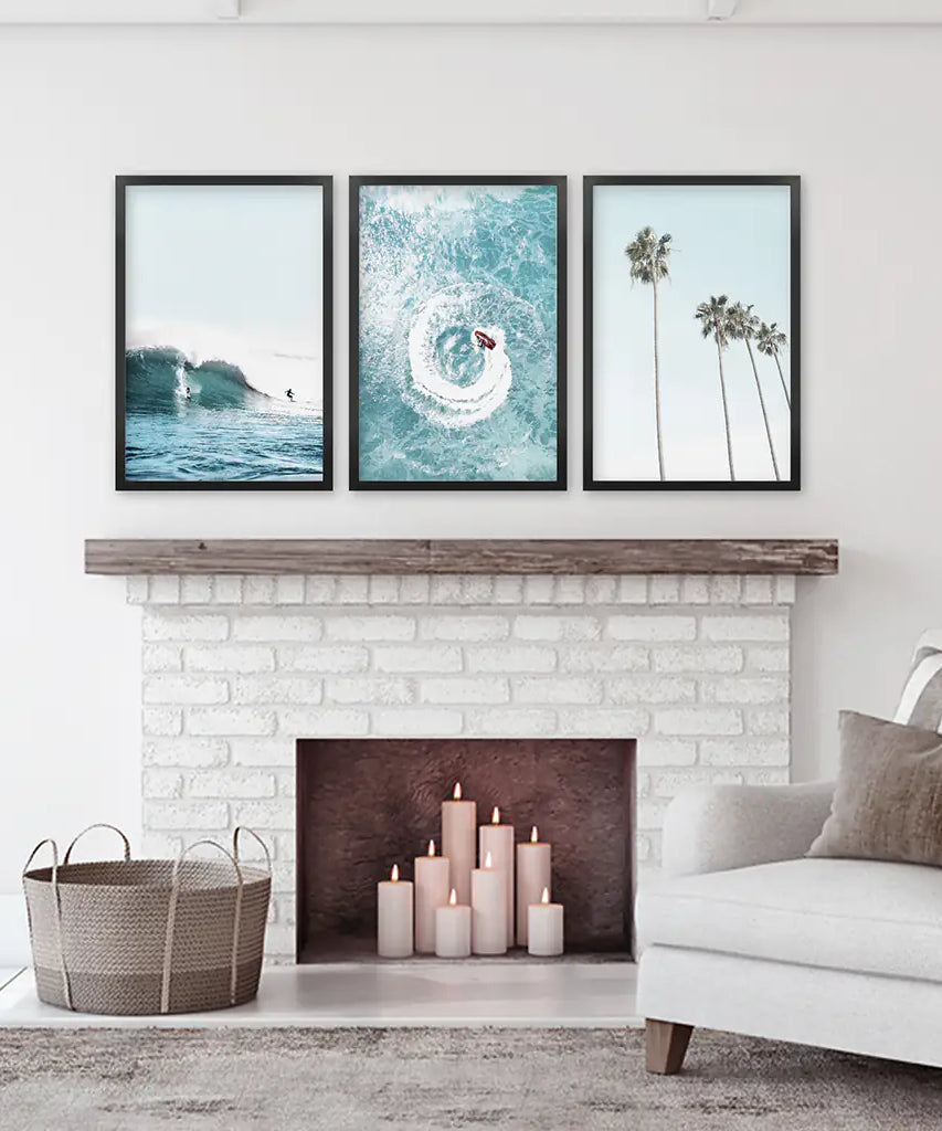 Blue Ocean Themed 3 Piece Wall Art. Palm Trees, Waves