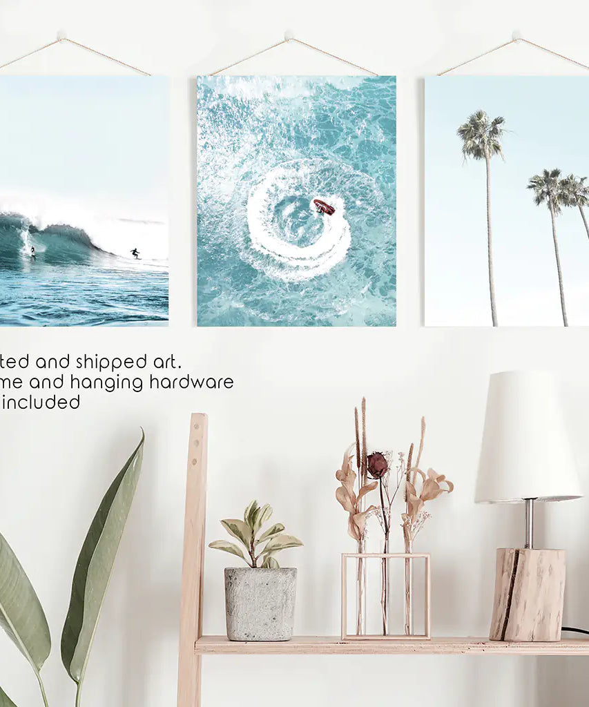 Blue Ocean Themed 3 Piece Wall Art. Palm Trees, Waves