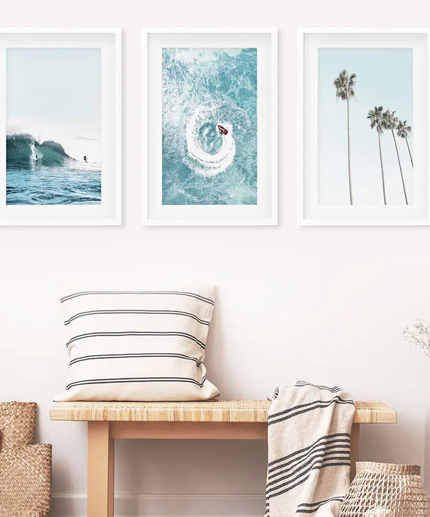 Blue Ocean Themed 3 Piece Wall Art. Palm Trees, Waves