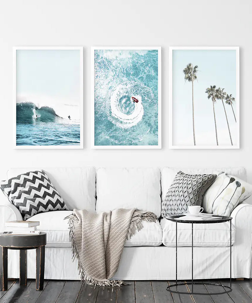 Blue Ocean Themed 3 Piece Wall Art. Palm Trees, Waves