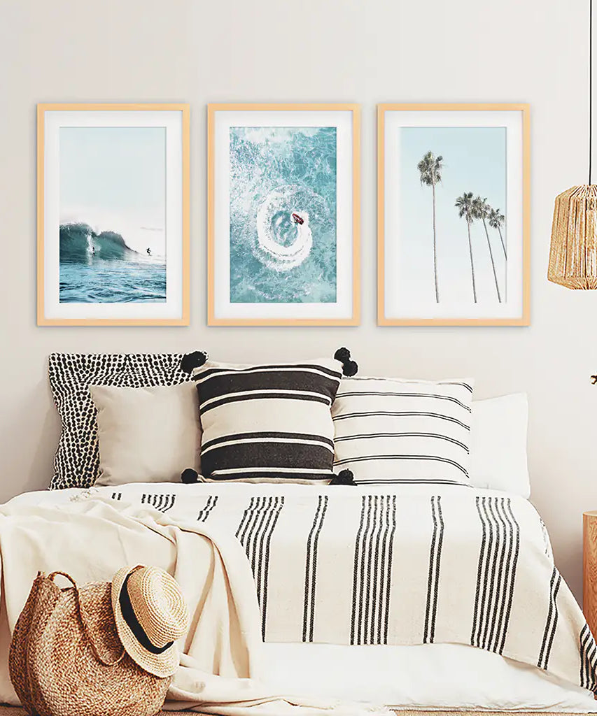 Blue Ocean Themed 3 Piece Wall Art. Palm Trees, Waves