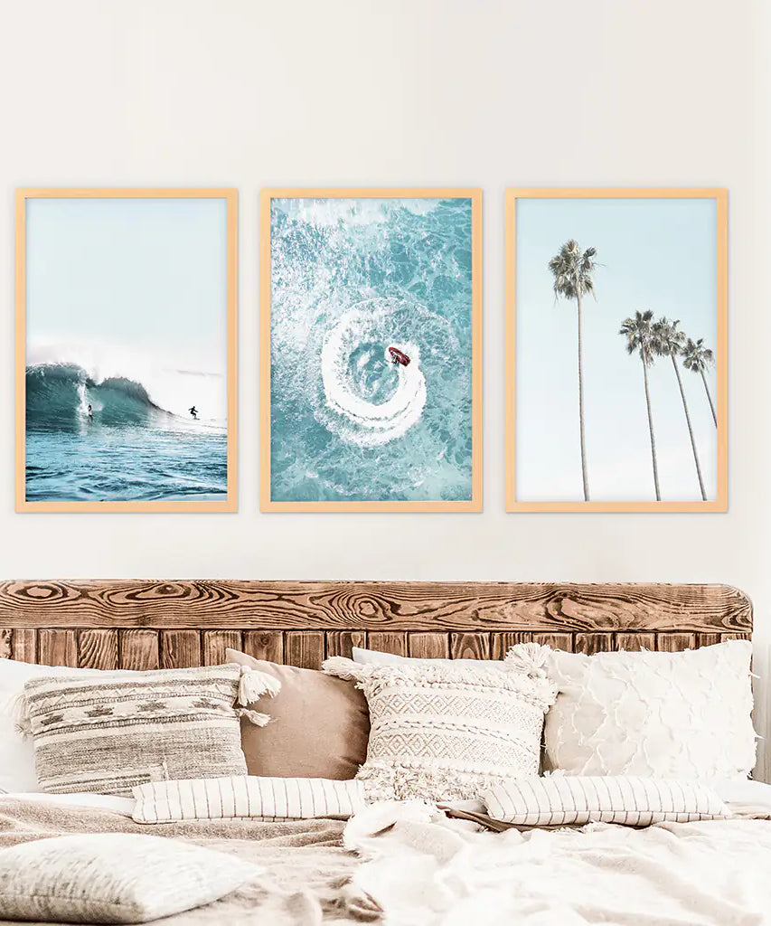 Blue Ocean Themed 3 Piece Wall Art. Palm Trees, Waves