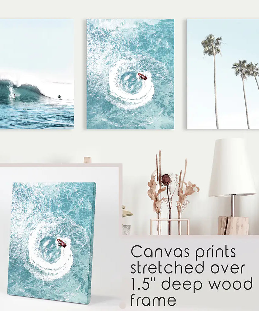 Blue Ocean Themed 3 Piece Wall Art. Palm Trees, Waves