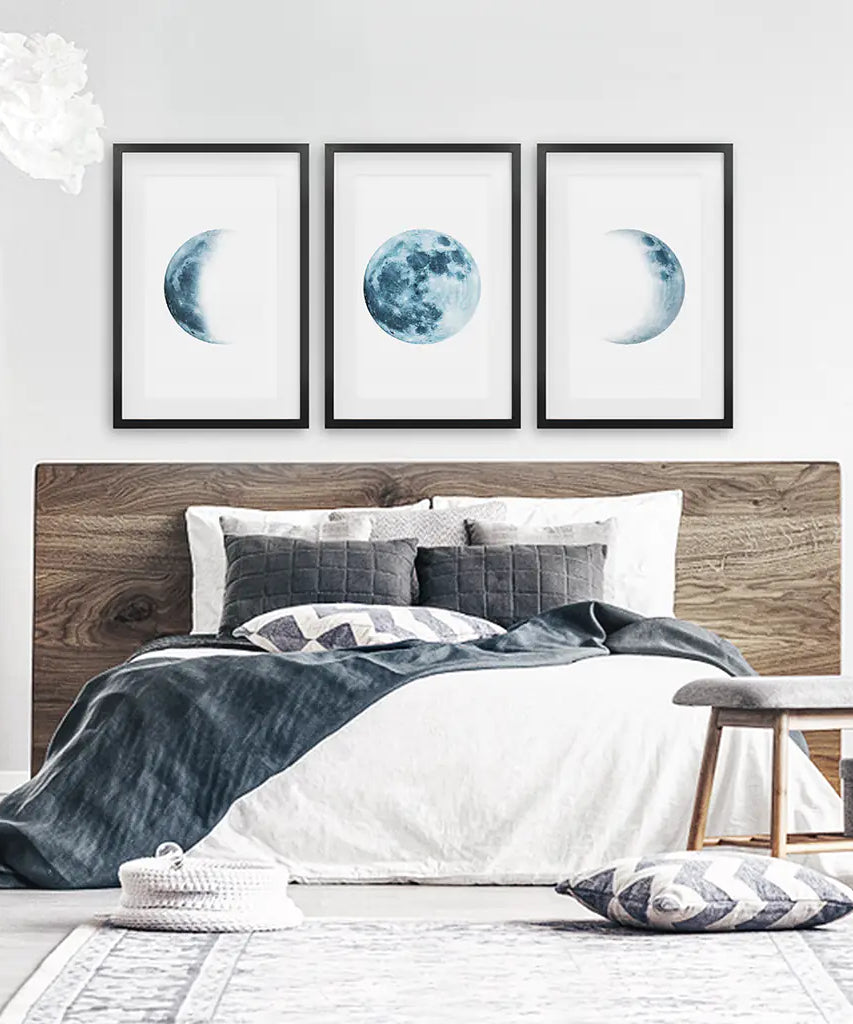 Lunar Phases. Blue Wall Art Set for Boy's Nursery